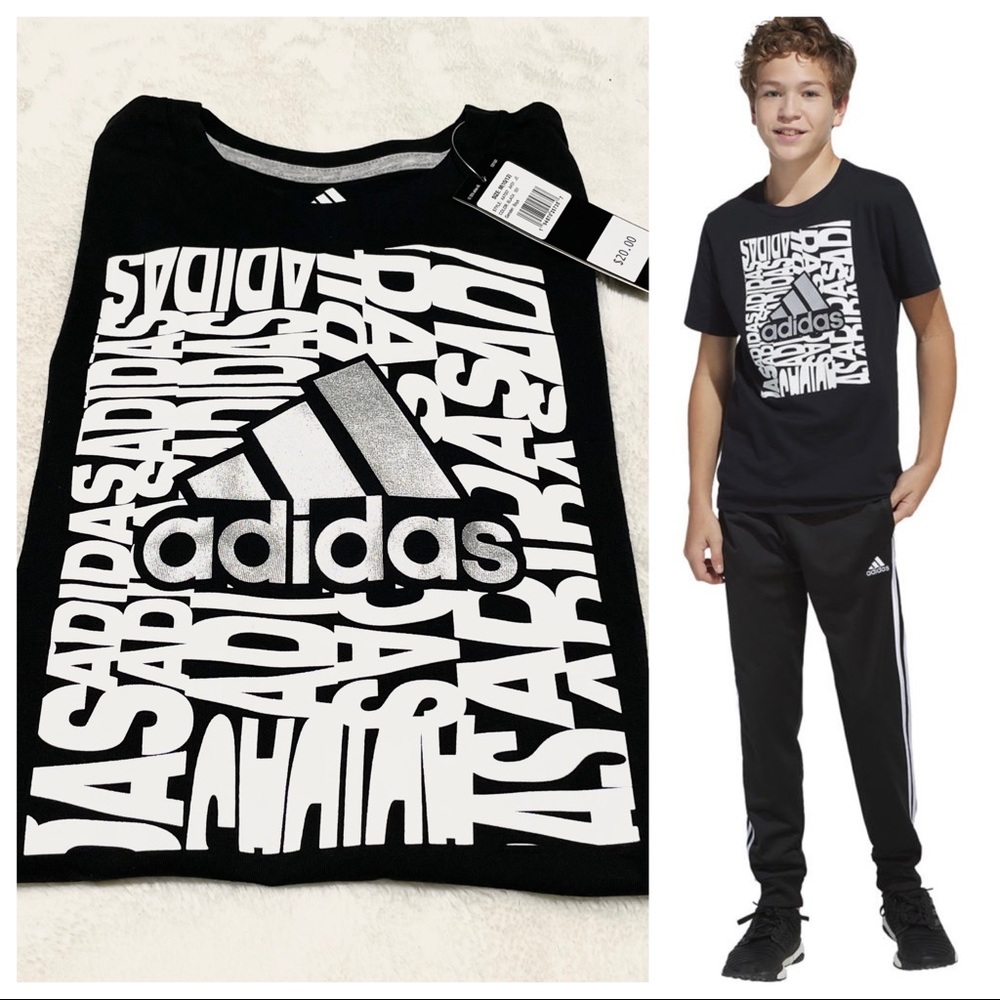 🆕Boys ADIDAS Black Crew Neck Short Sleeve Graphic T-Shirt